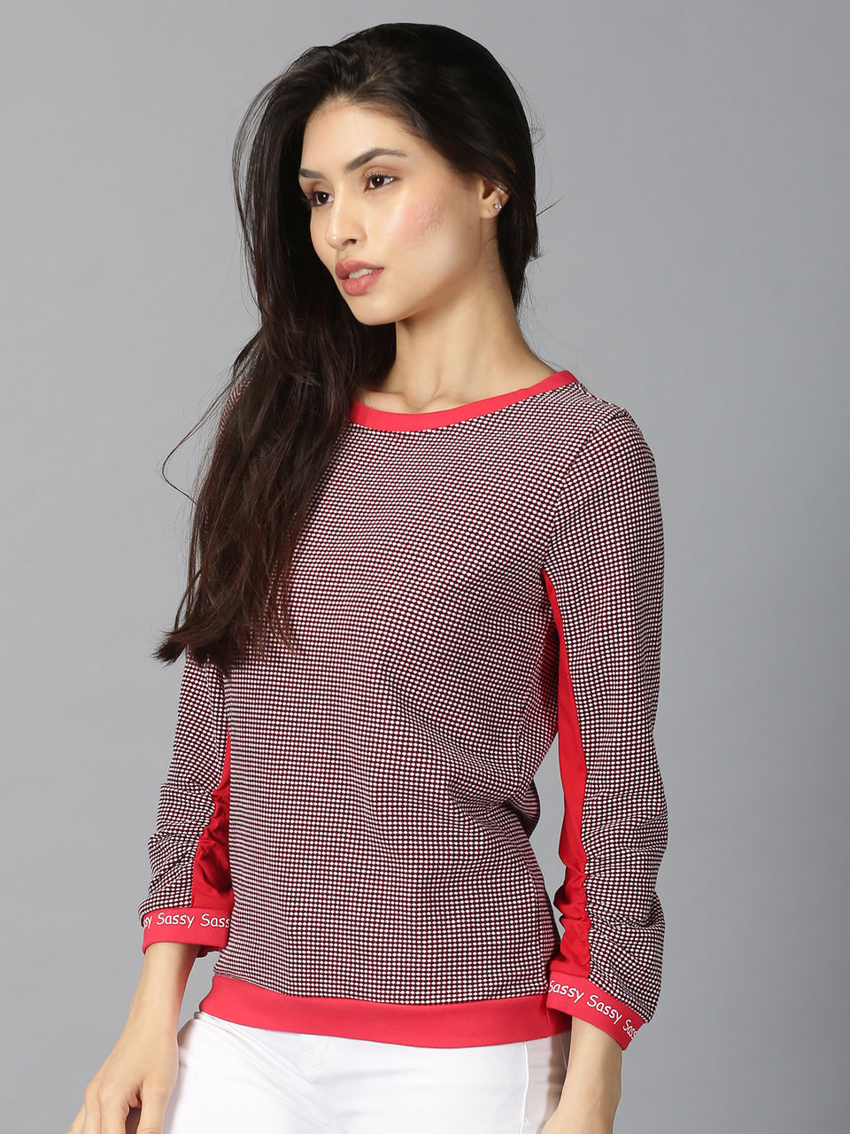 Women Red & Black Small Checked Round Neck Casual T-Shirt