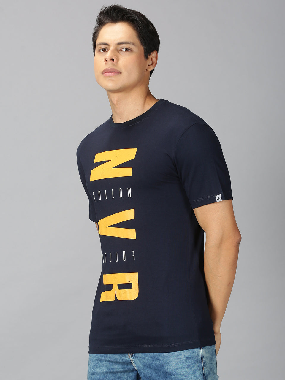 Men Teal Navy Blue Typographic Printed Organic Pure Cotton Round Neck Half Sleeve Regular Fit Casual T-Shirt