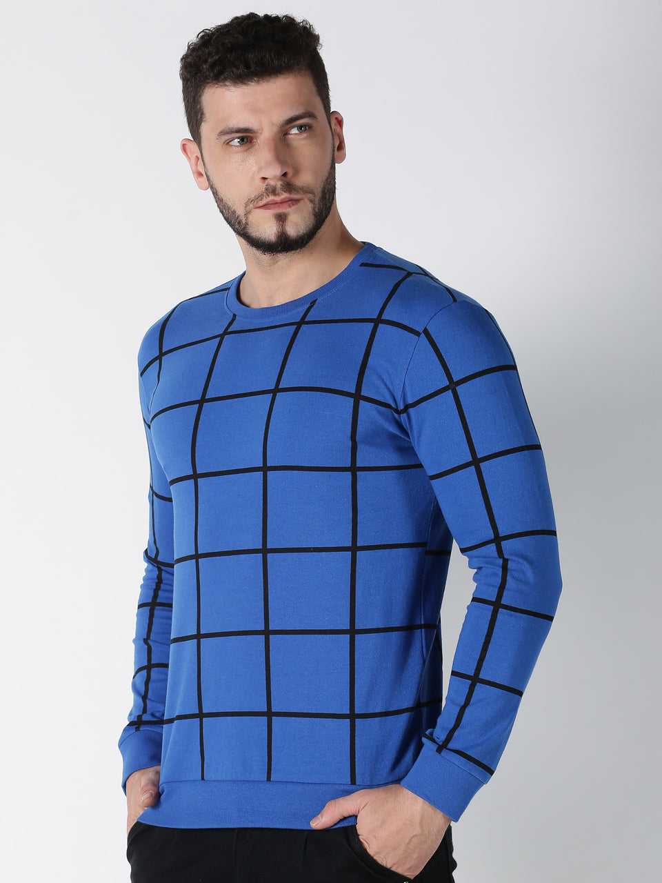 Men Blue Black Checked Print Round Neck Recycled Cotton Full Sleeve Regular Fit Casual T-Shirt