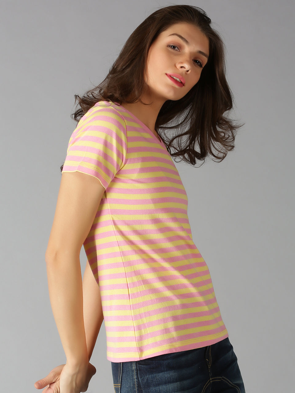 Women Pink & Yellow Stripes V Neck Casual T-Shirt