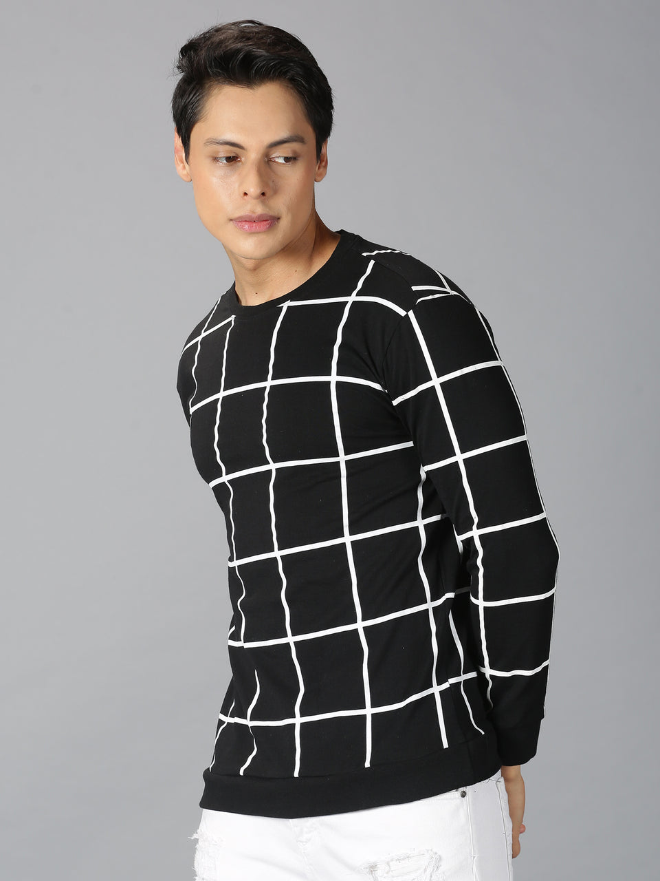 Men Black White Checked Printed Round Neck Full Sleeve Regular Fit Recycled Cotton Casual T-Shirt
