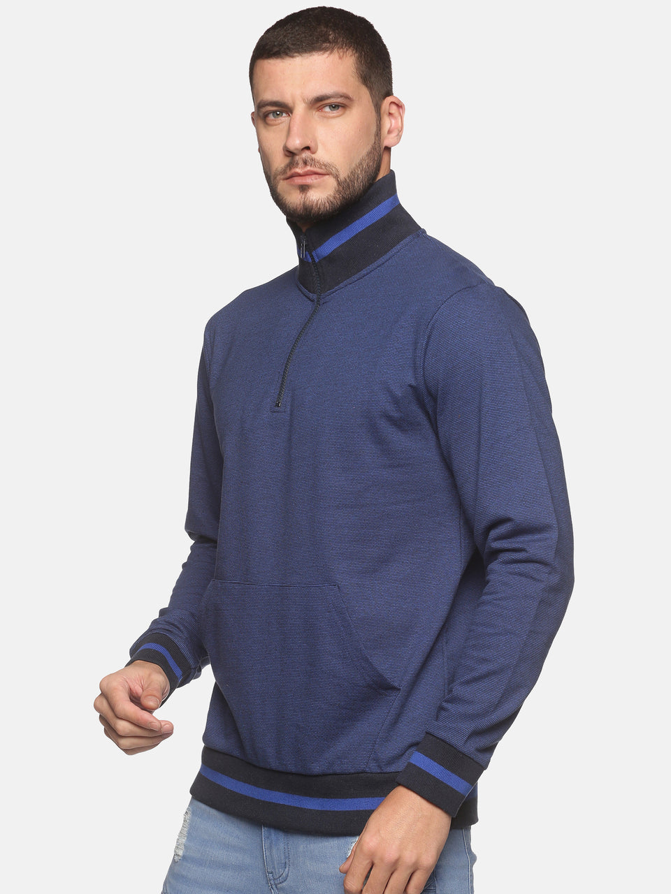 Men Blue Solid High Neck Regular Sweatshirt