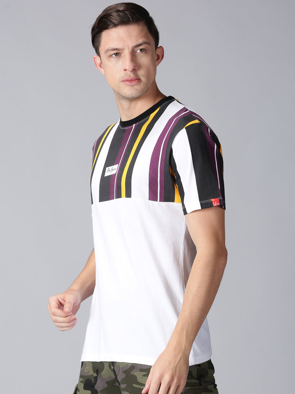 Men White & Multicolor Cotton Round Neck T-shirt