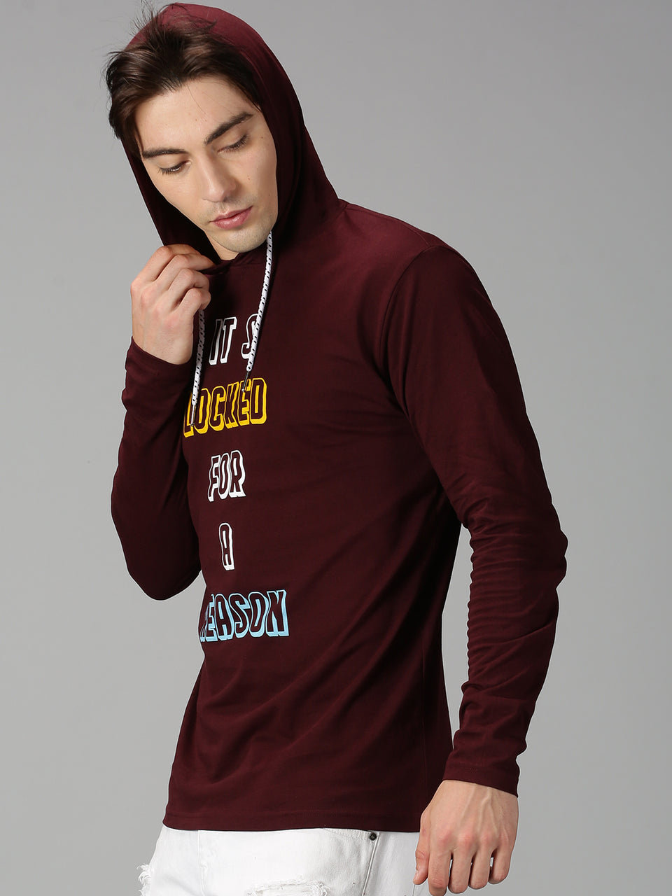 Men Maroon Printed  Pullover Hooded  Sweatshirt