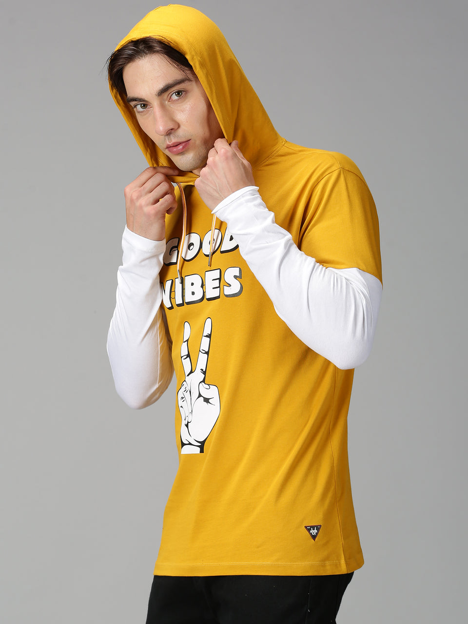 Men Yellow Printed Doctor Sleeve Hoodie Sweatshirt