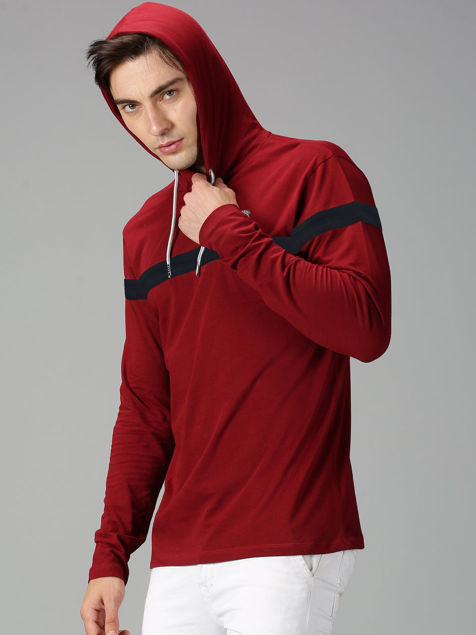 Men Red Pullover Hooded Sweatshirt