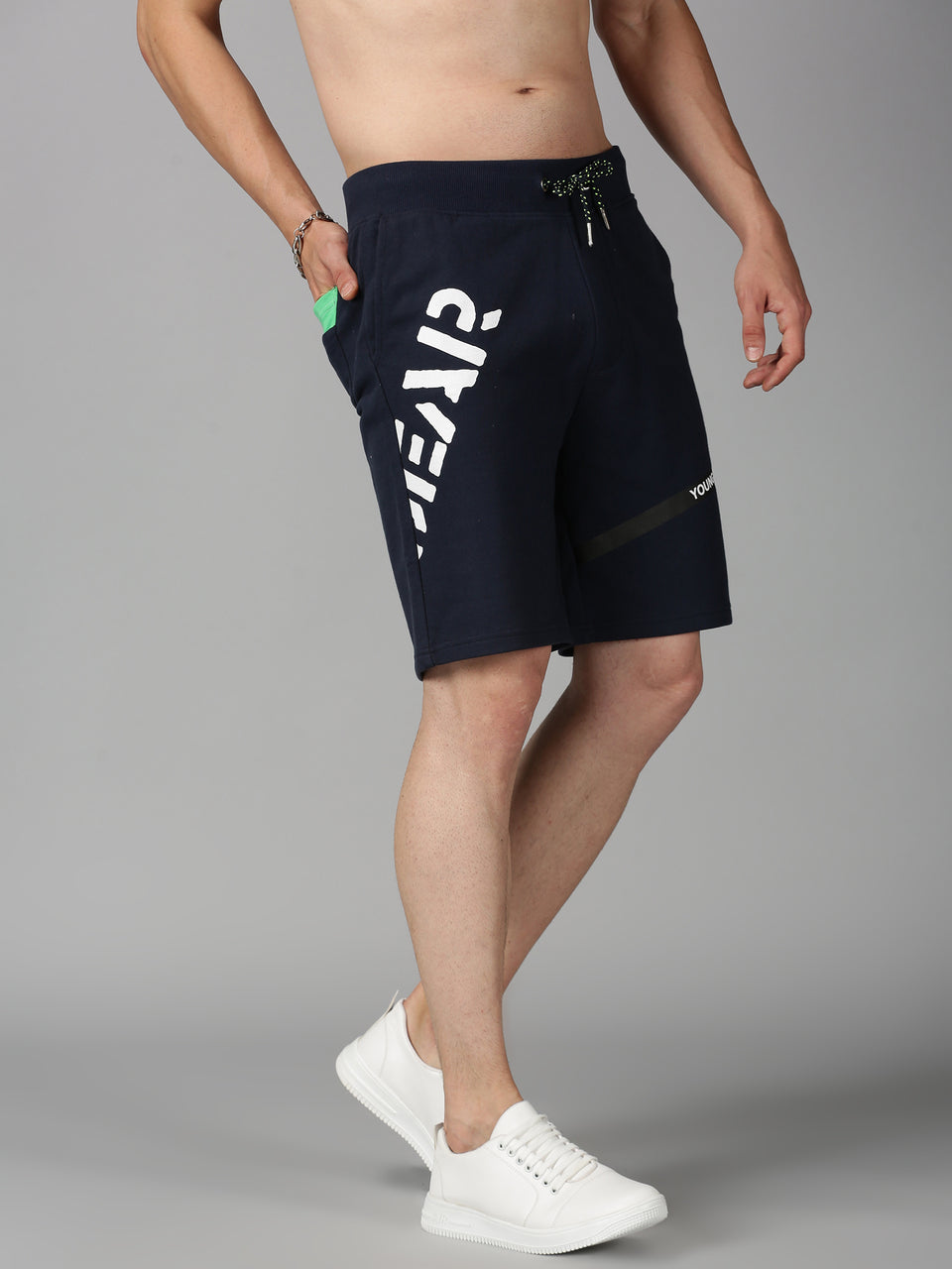 Men Navy Blue Printed Organic Cotton Stretchable Regular Fit Basic Shorts