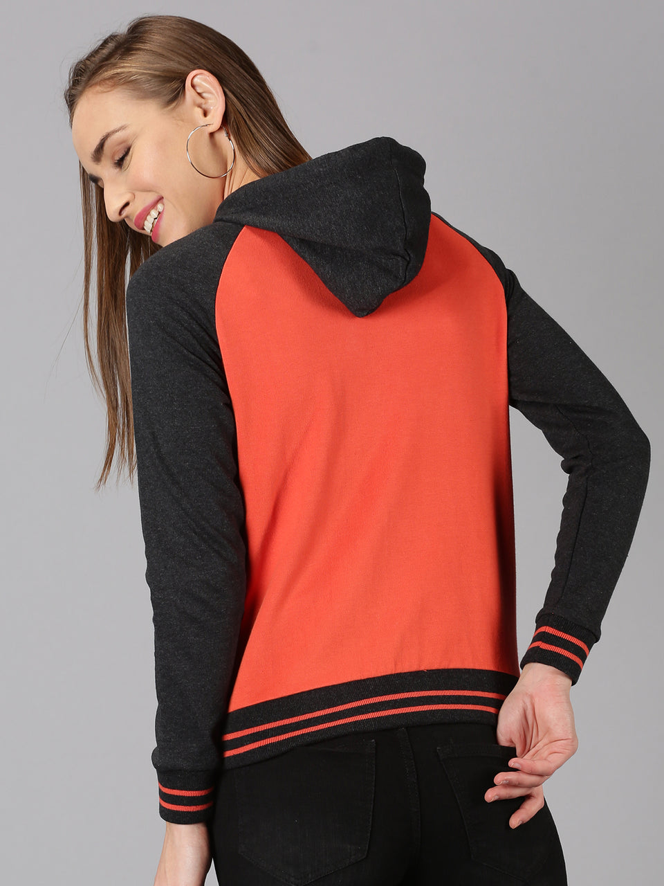 Women Red & Black Colorblocked Hooded Neck Front Open Sweatshirt