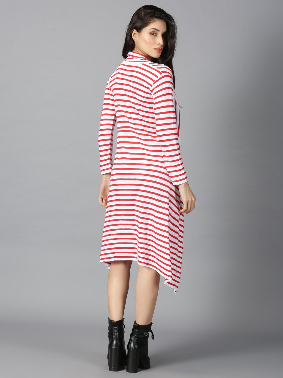 Women Red & White Striped Front Open Longline Regular Shrug