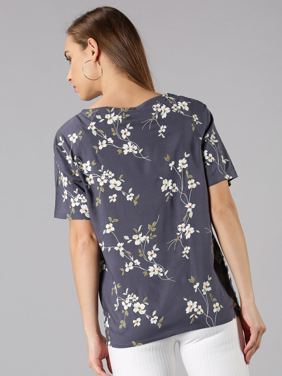 Women Navy Floral Printed Round Neck Casual T-Shirt