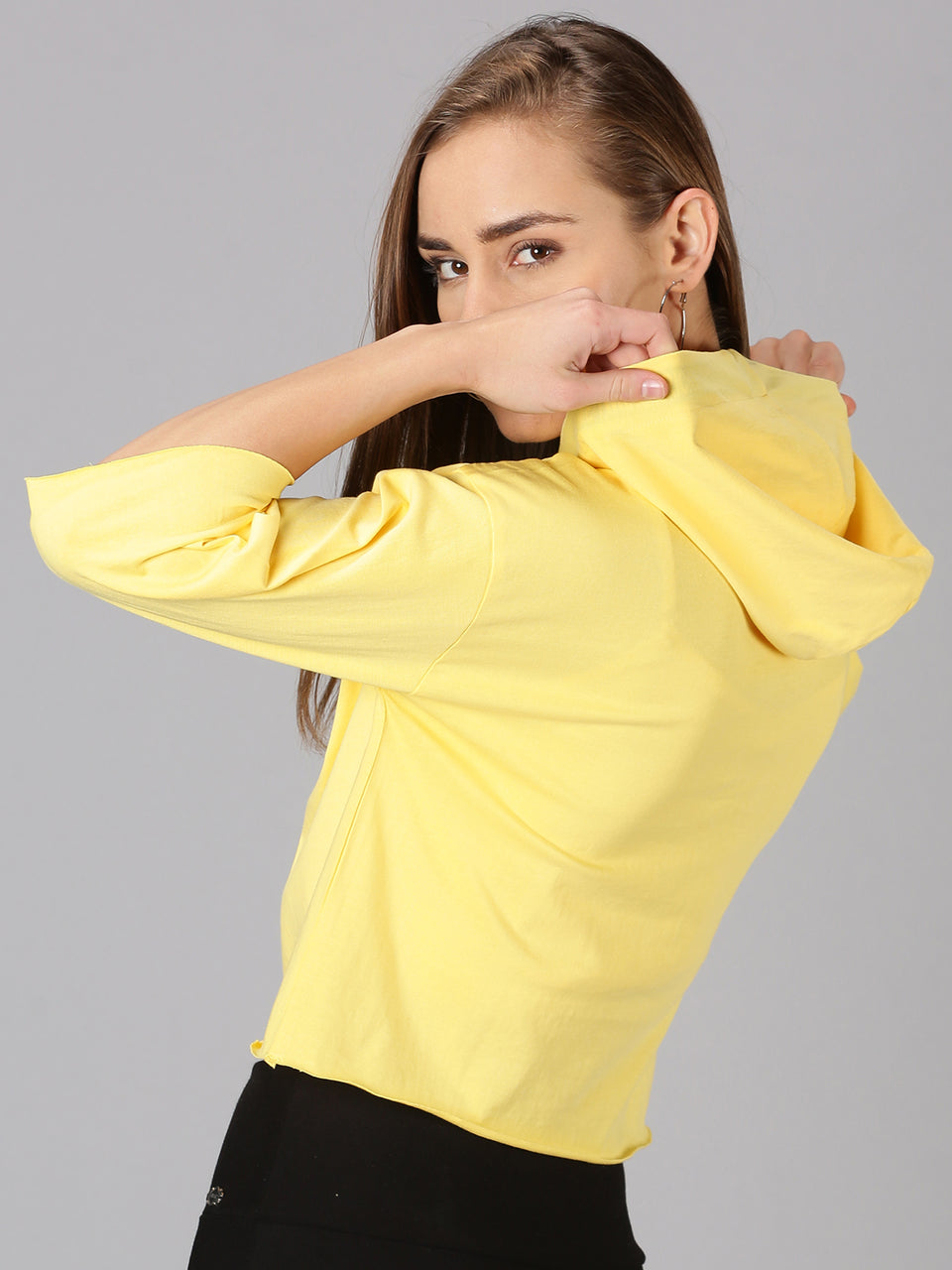 Women Yellow Solid Hooded Neck Crop Top