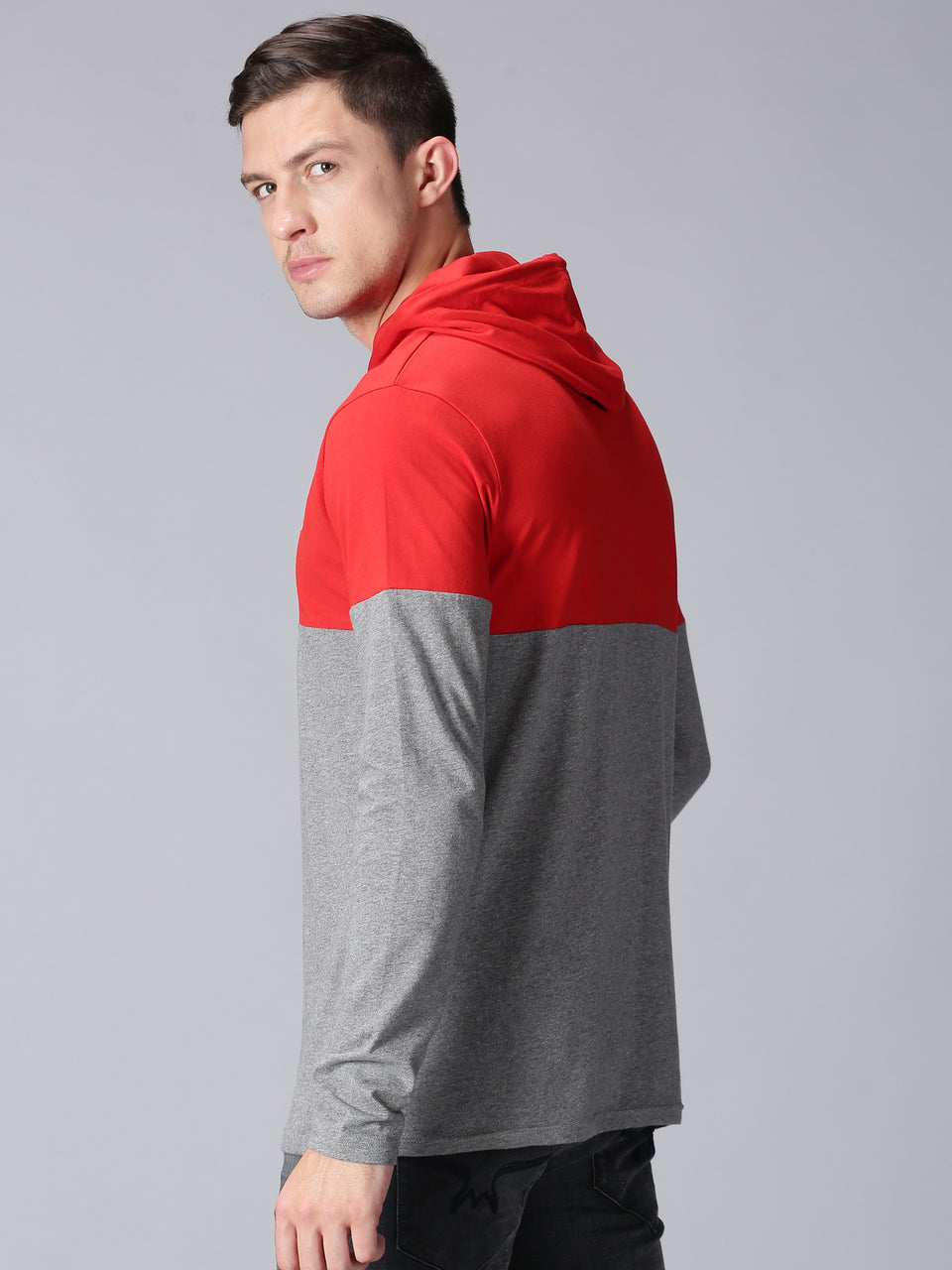 Men Red & Grey Printed Pullover Hooded Sweatshirt