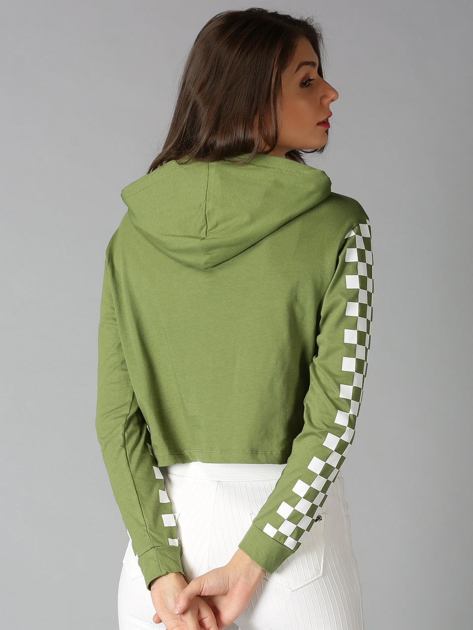 Women Green & White Checked Hooded Neck Cropped T-Shirt