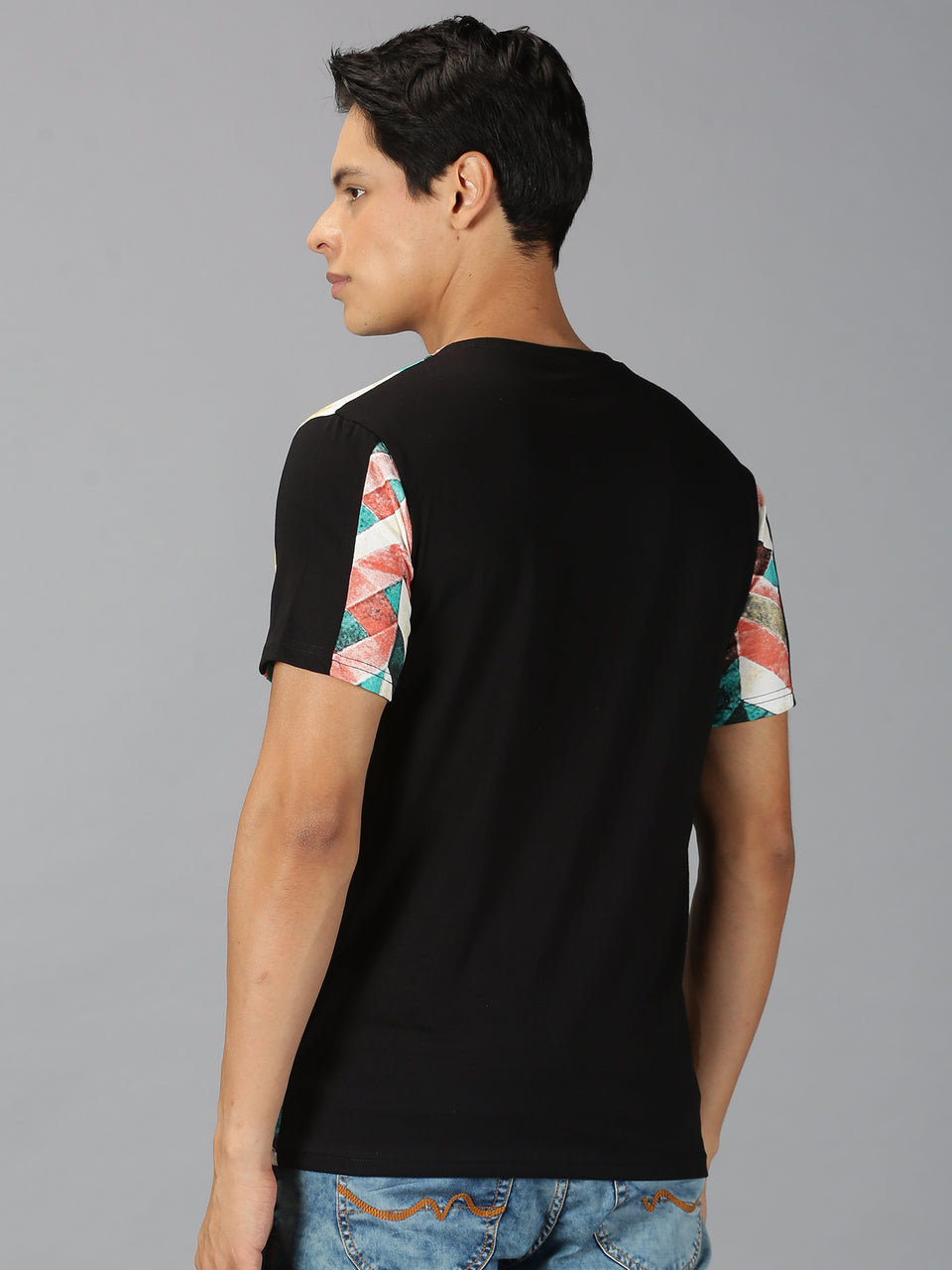 Men Black Multicolor Printed Round Neck Organic Pure Cotton Half Sleeve Regular Fit Casual T-Shirt
