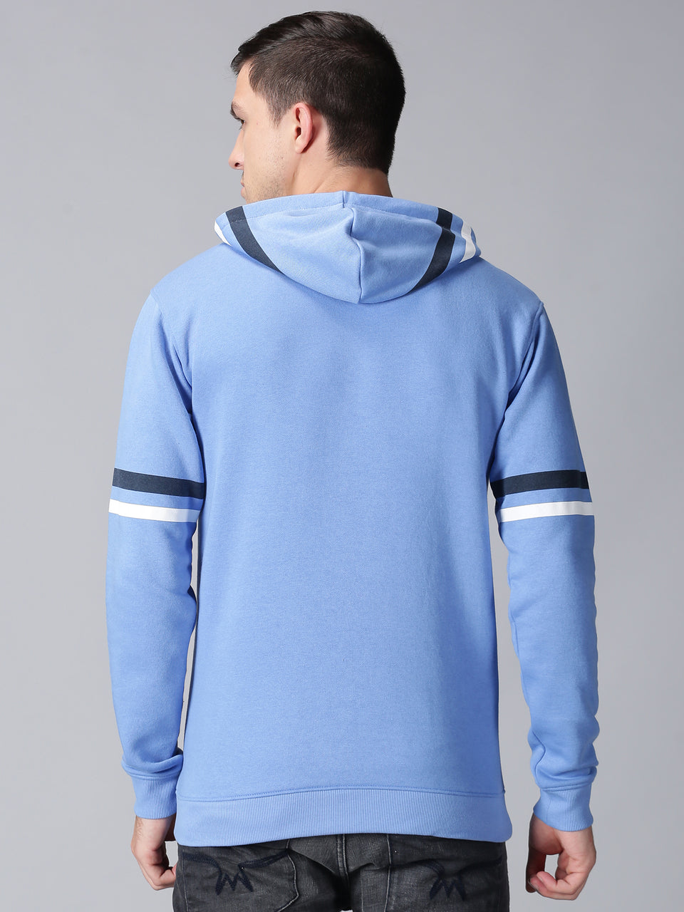 Men Blue Printed Pullover Hooded Sweatshirt