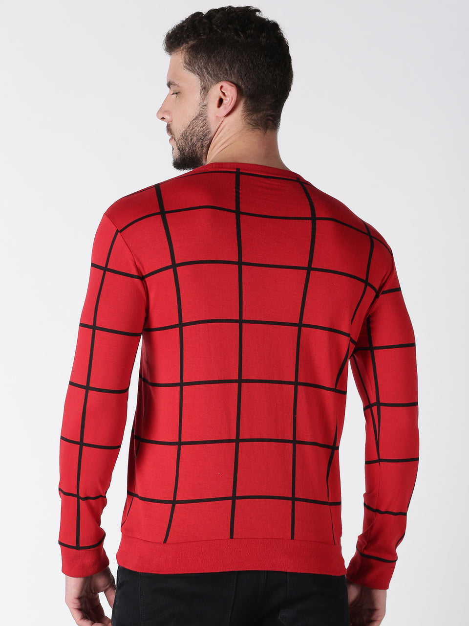Men Red Black Checked Printed Round Neck Organic Pure Cotton Full Sleeve Regular Fit Casual T Shirt