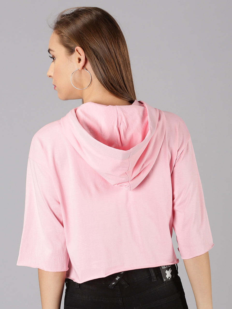 Women Pink Solid Hooded Neck Crop Top
