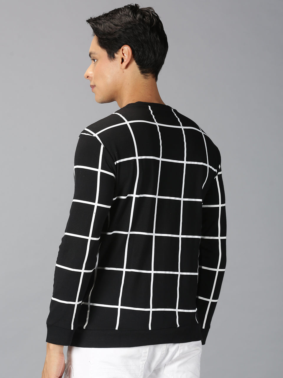 Men Black White Checked Printed Round Neck Full Sleeve Regular Fit Recycled Cotton Casual T-Shirt