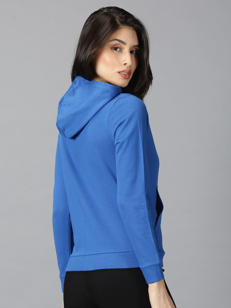 Women Solid Blue Hooded Neck Front Open Regular Sweatshirt