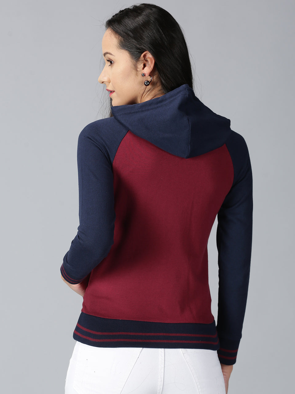 Women Maroon & Navy Colorblocked Hooded Neck Front Open Sweatshirt