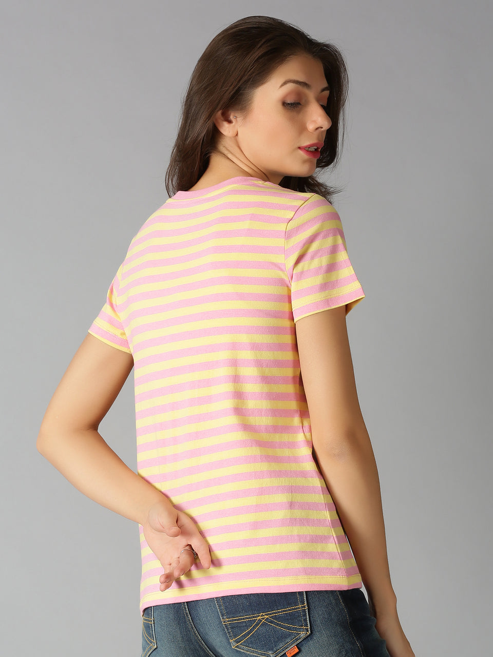 Women Pink & Yellow Stripes V Neck Casual T-Shirt