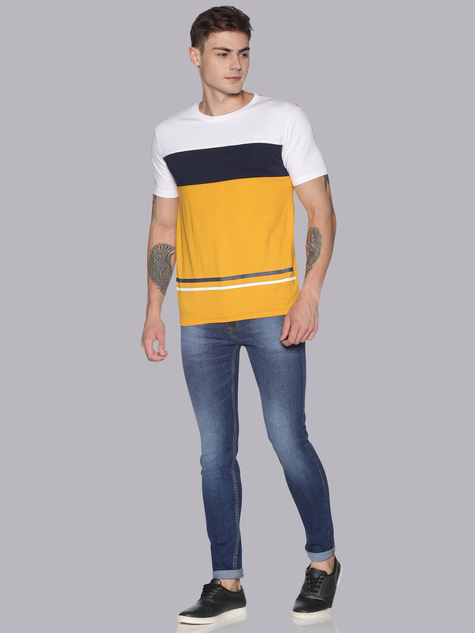 Men White Yellow Color Blocked Organic Cotton Half Sleeve Casual T-Shirt