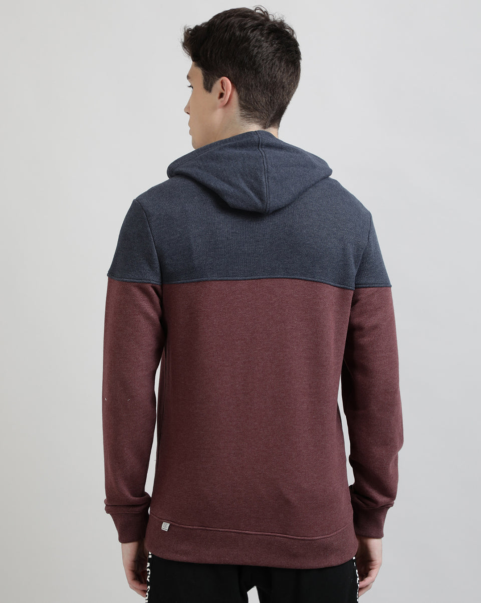 Men Navy Blue Maroon Color Blocked Recycled Cotton Full Sleeve Front Open with Zipper Hooded Neck Sweatshirt