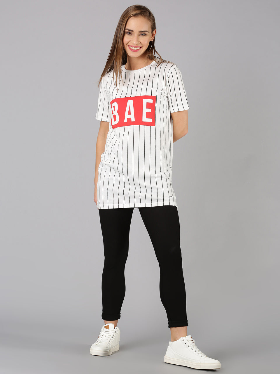 Women White Striped & Typography Round Neck Casual T-Shirt