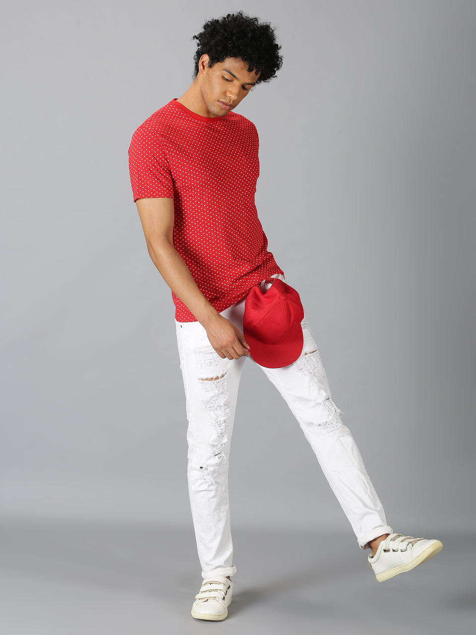 Men Red All Over Printed Round Neck Organic Pure Cotton Half Sleeve Regular Fit Casual T Shirt