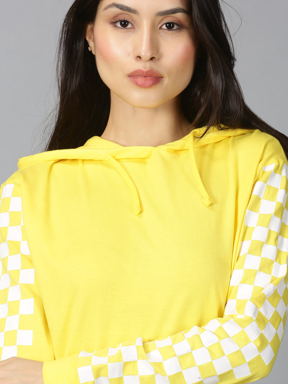 Women Yellow & White Checked Hooded Neck Cropped T-Shirt