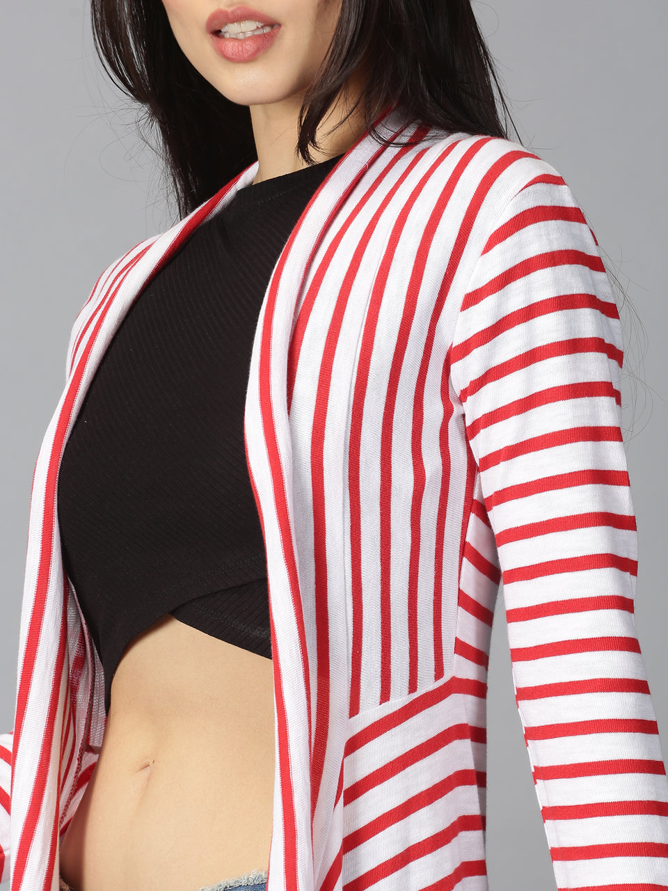 Women Red & White Striped Front Open Longline Regular Shrug