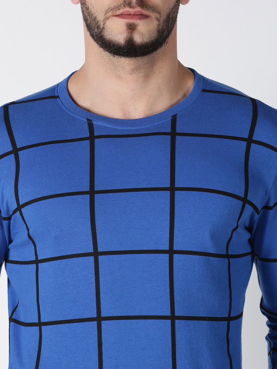 Men Blue Black Checked Print Round Neck Recycled Cotton Full Sleeve Regular Fit Casual T-Shirt