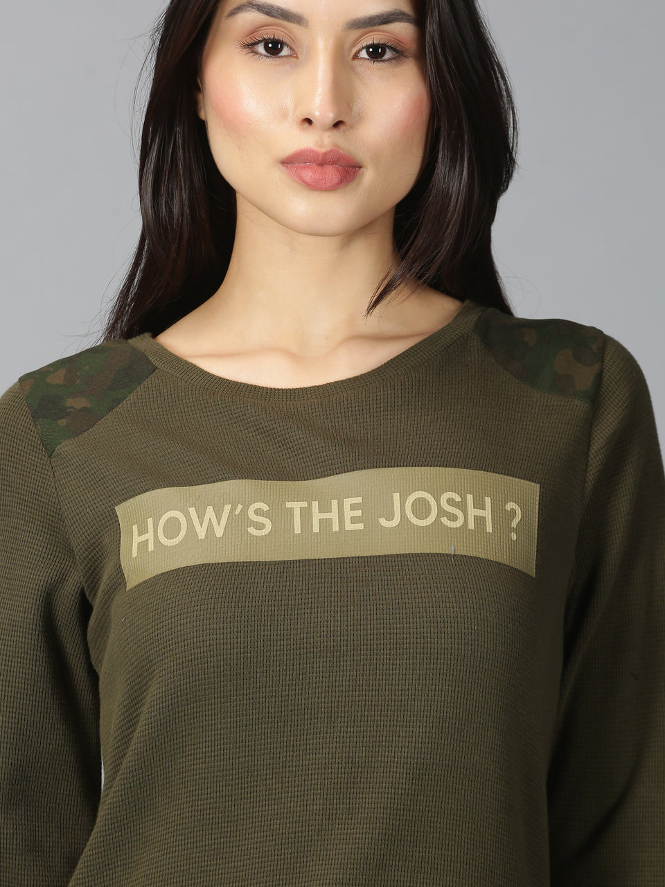 Women Olive Green Typographic Printed Round Neck Casual T-Shirt