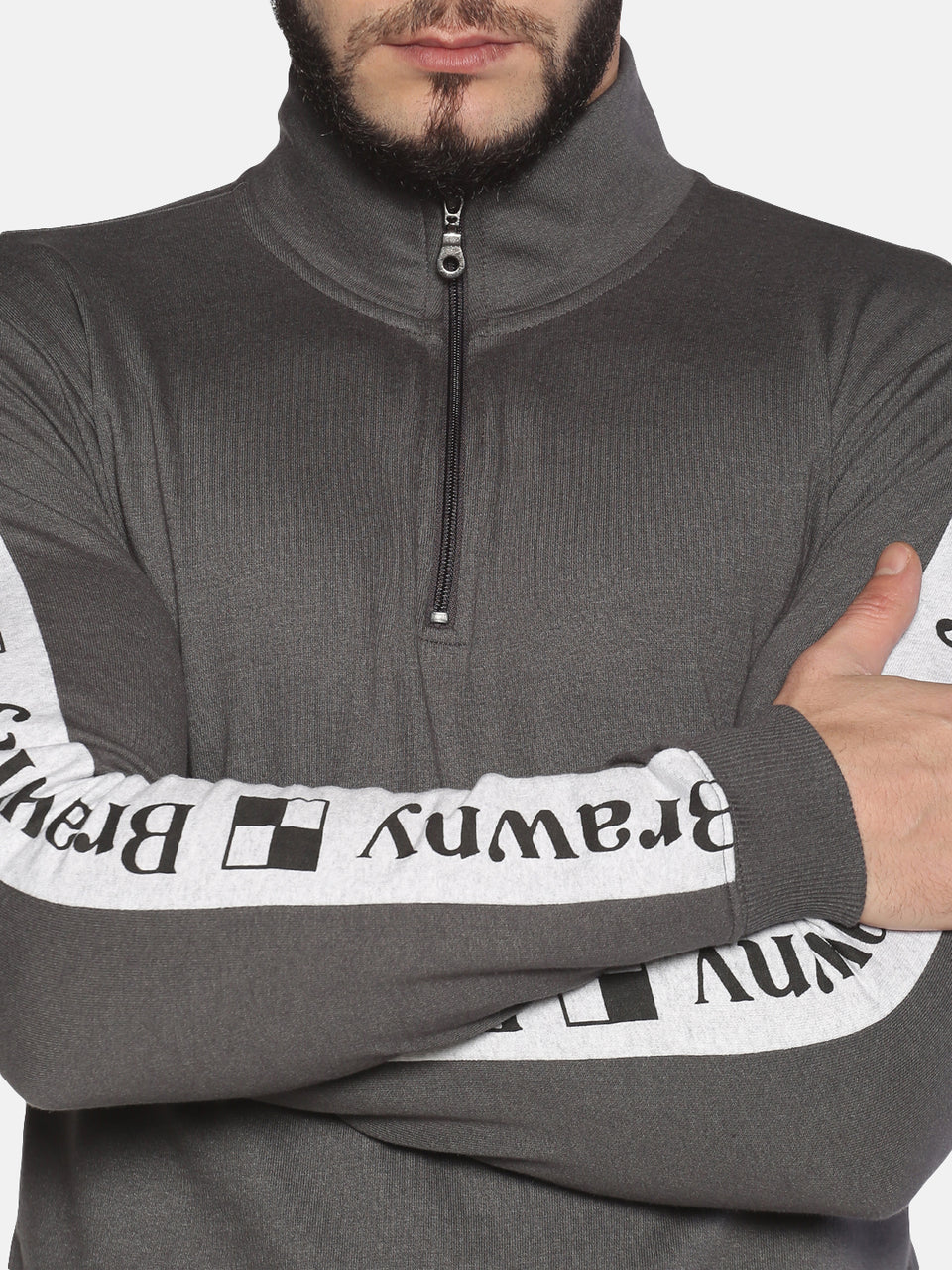 Men Grey White Printed High Neck Full Sleeve with Zipper Neck Casual Sweatshirt