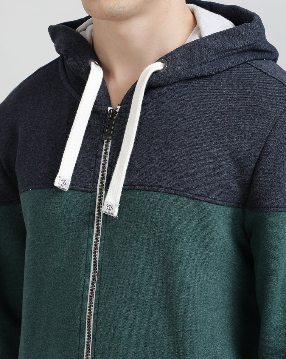Men Navy Blue Green Color Blocked Recycled Cotton Full Sleeve Front Open with Zipper Hooded Neck Sweatshirt