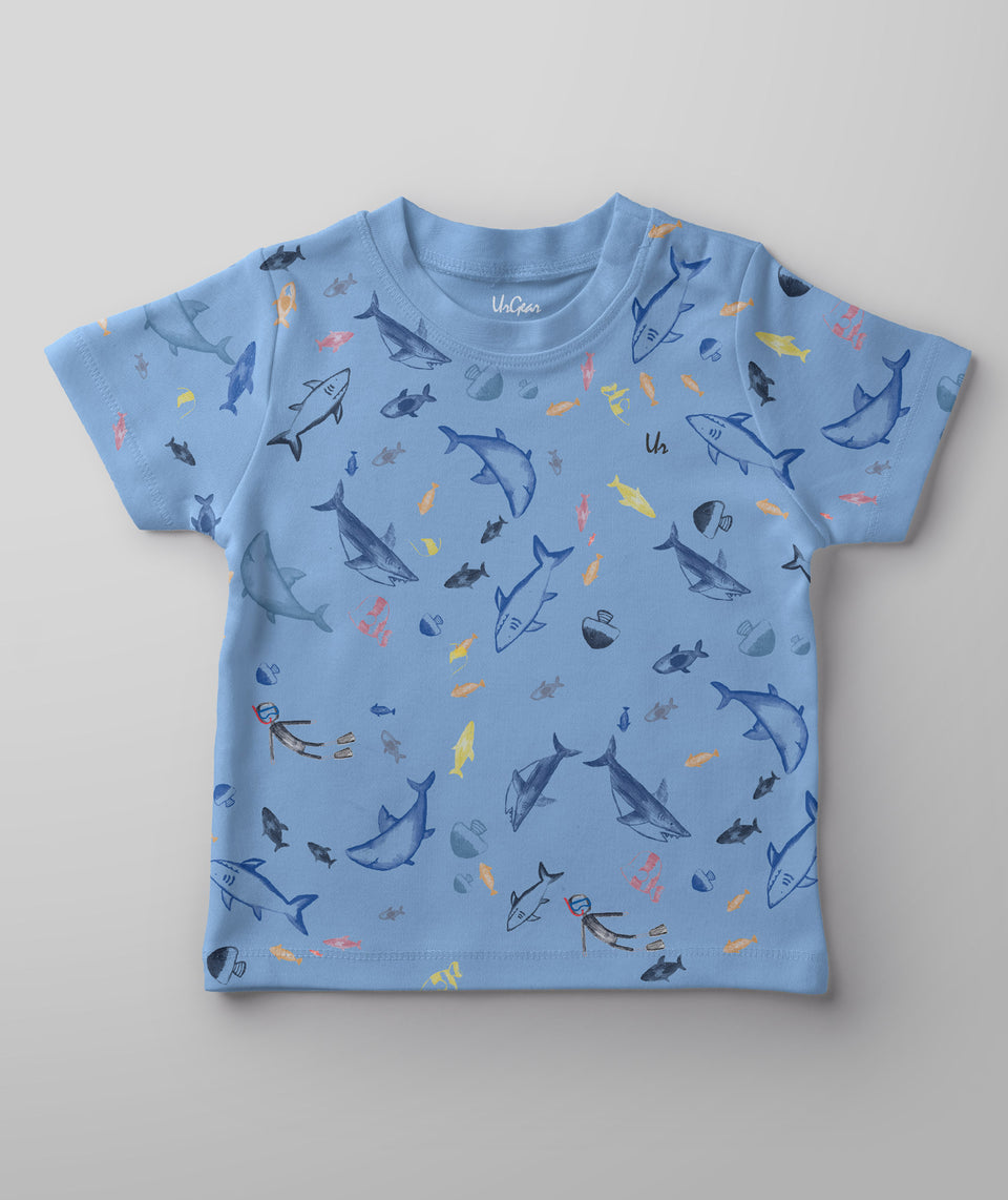 girls blue fish printed round neck t-shirt