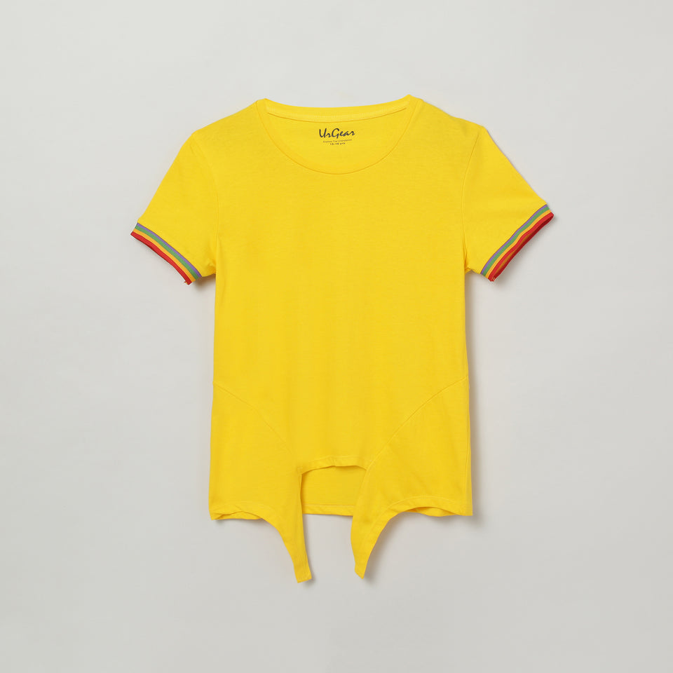 girls yellow front knot round neck t-shirts 