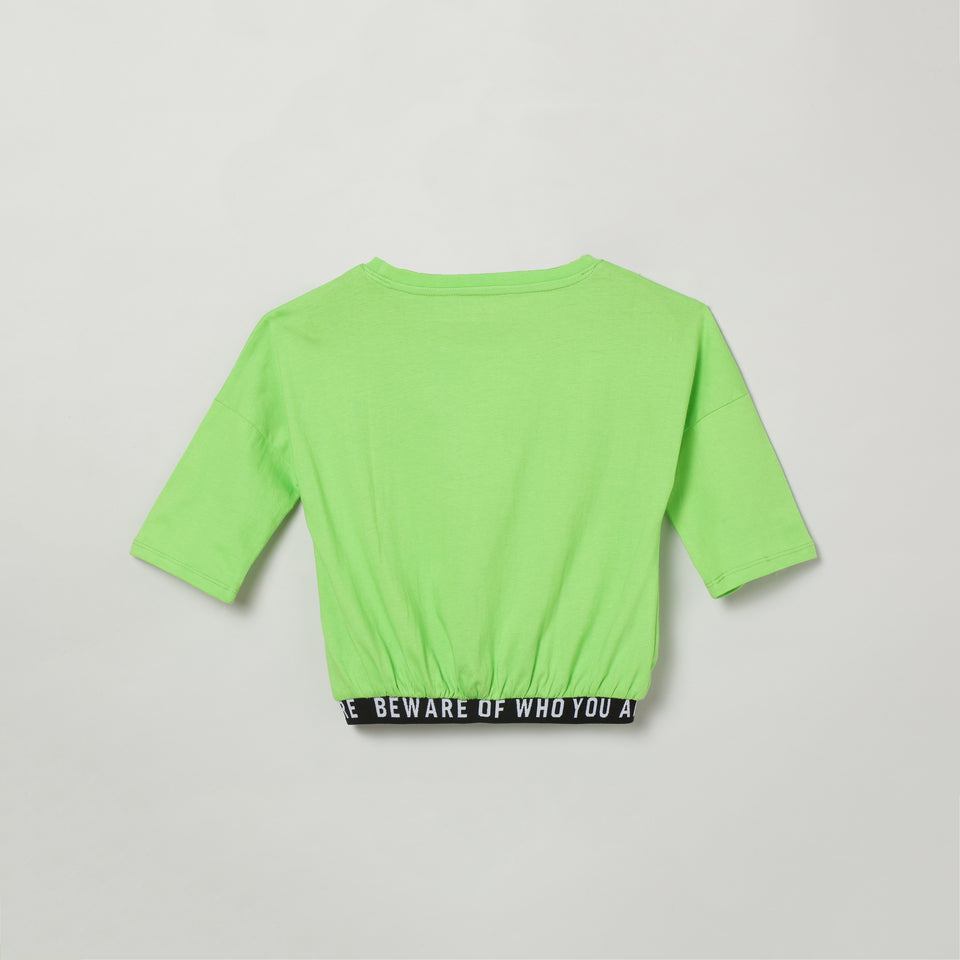 girls green printed round neck crop top t-shirt