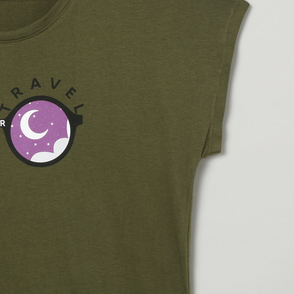 girls green printed round neck t-shirt