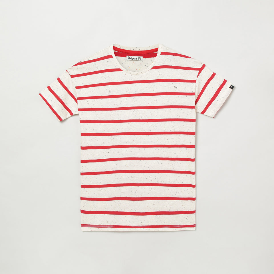 girls red & grey striped round neck t-shirt