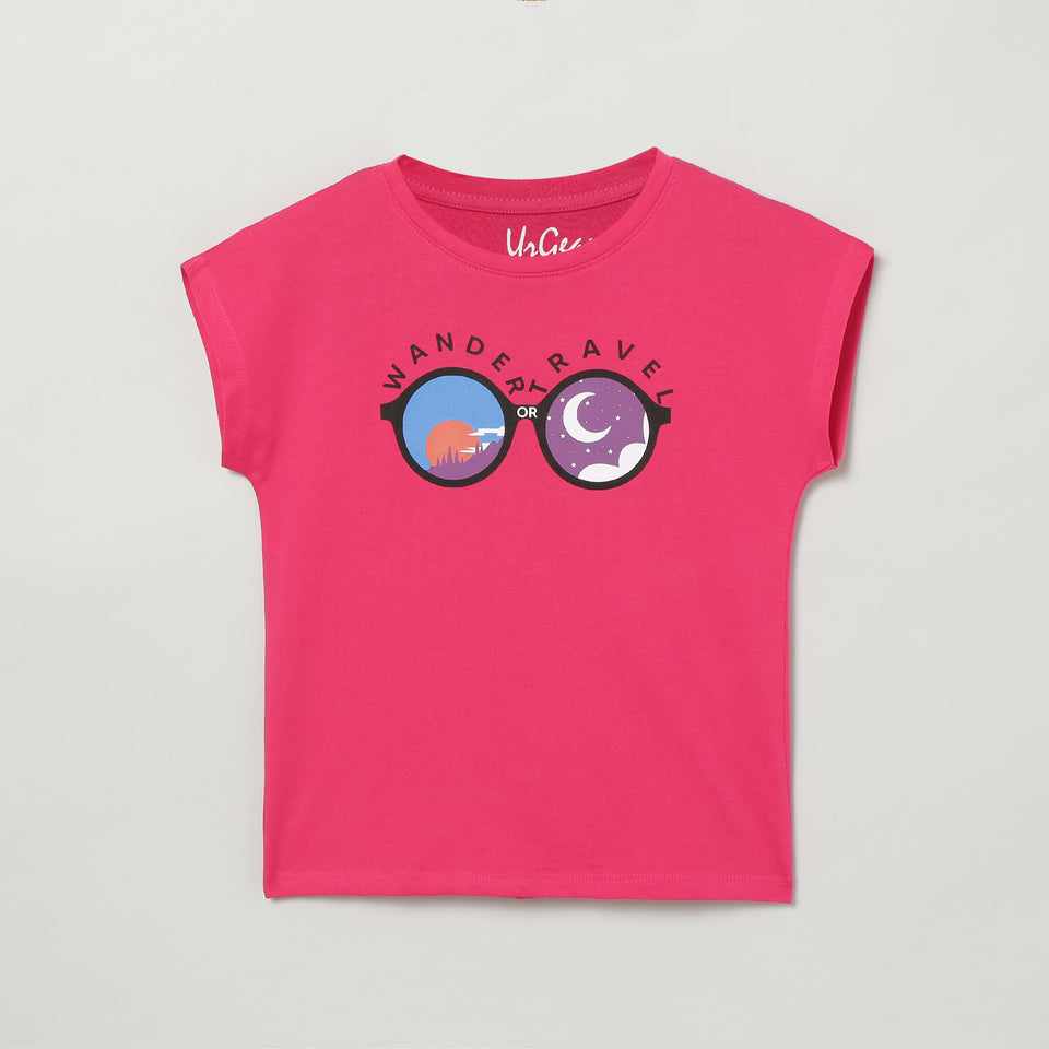 girls pink printed round neck t-shirt