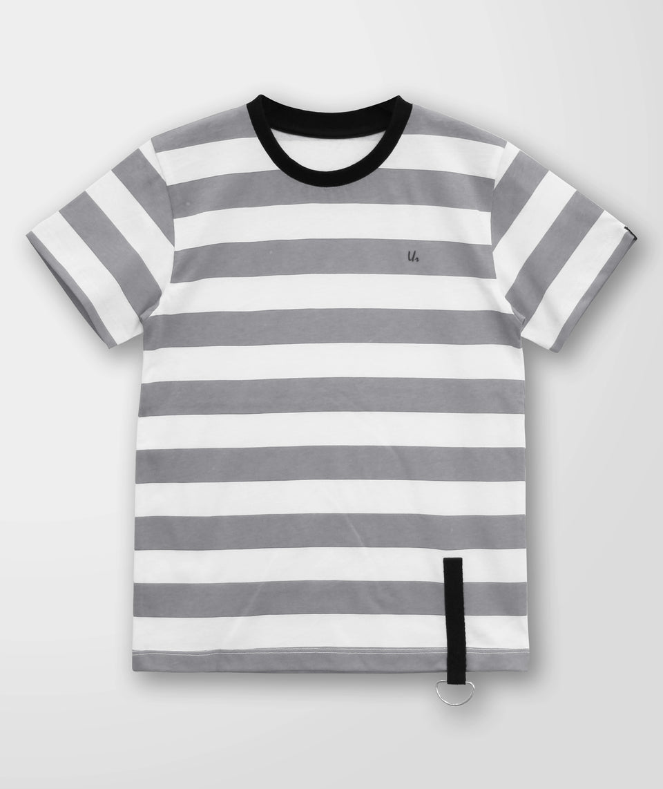 girls grey & white striped round neck t-shirt