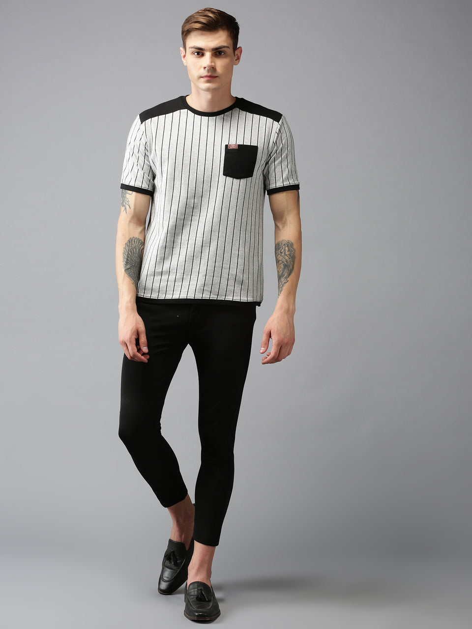 Men Grey Black Striped Round Neck Recycled Cotton Half Sleeve Regular Fit Casual T-Shirts