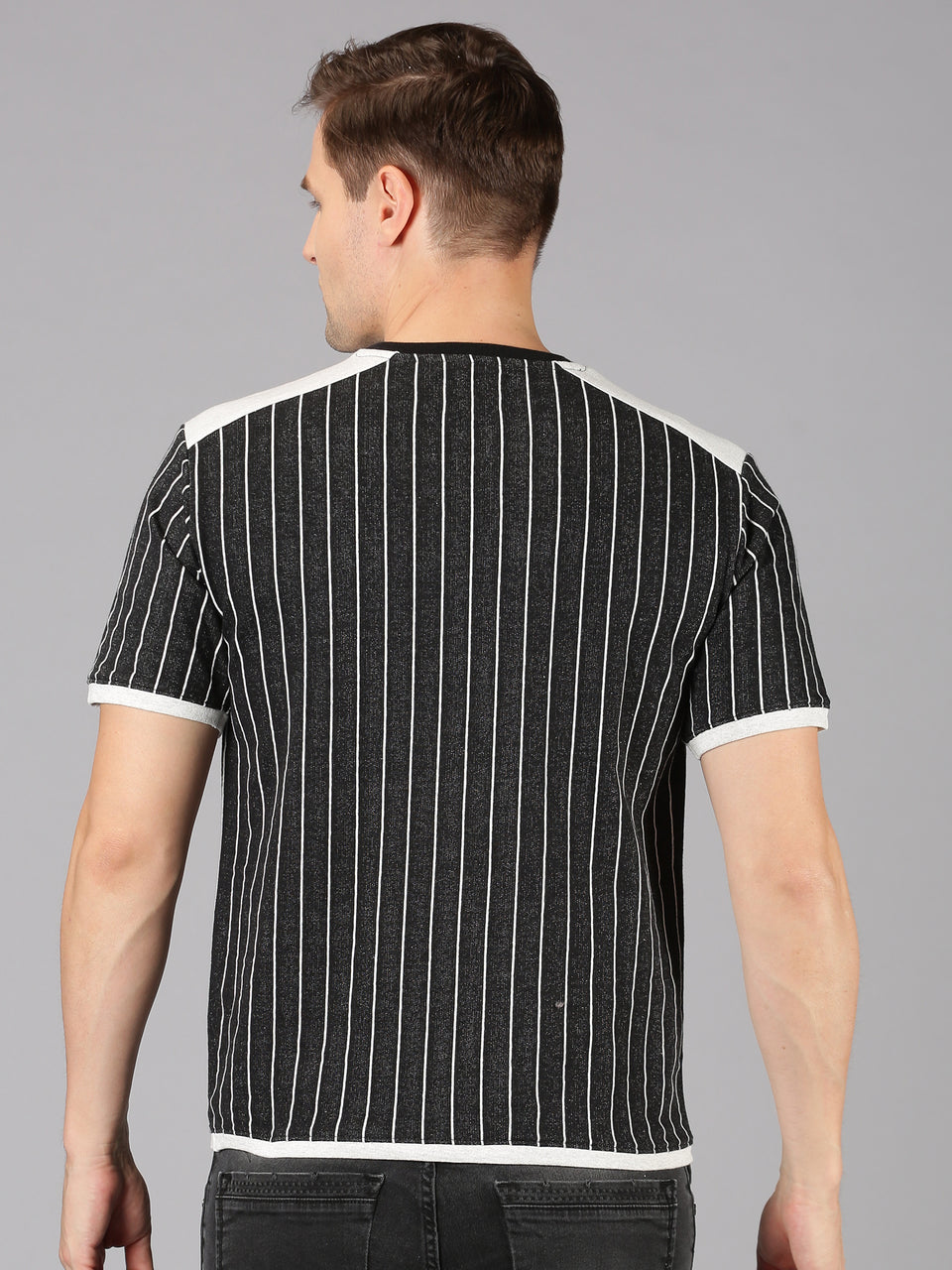 Men Black Grey Striped Round Neck Recycled Cotton Half Sleeve Regular Fit Casual T-Shirt