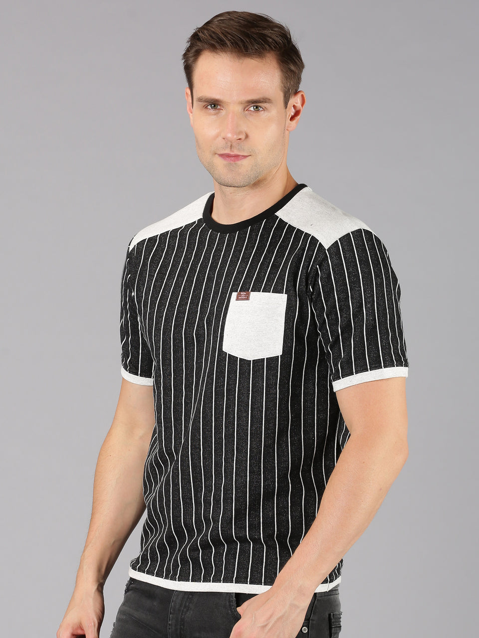 Men Black Grey Striped Round Neck Recycled Cotton Half Sleeve Regular Fit Casual T-Shirt