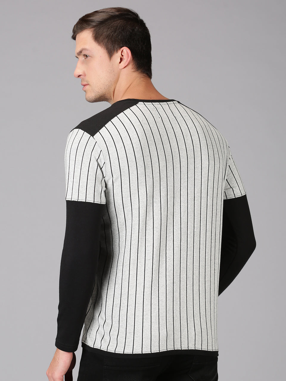 Men Grey Black Striped Round Neck Recycled Cotton Long Sleeve Regular Fit Casual T-Shirt