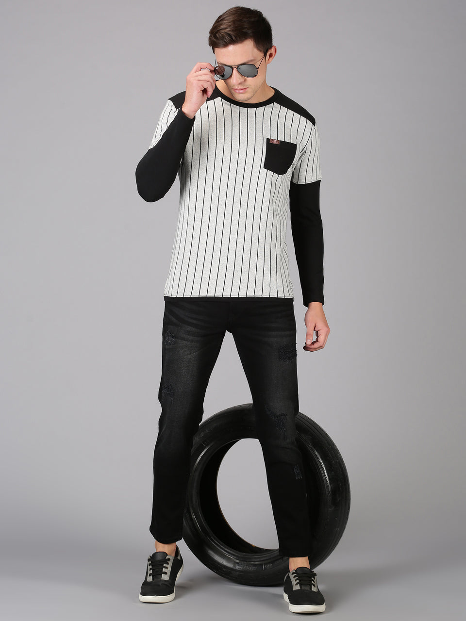 Men Grey Black Striped Round Neck Recycled Cotton Long Sleeve Regular Fit Casual T-Shirt