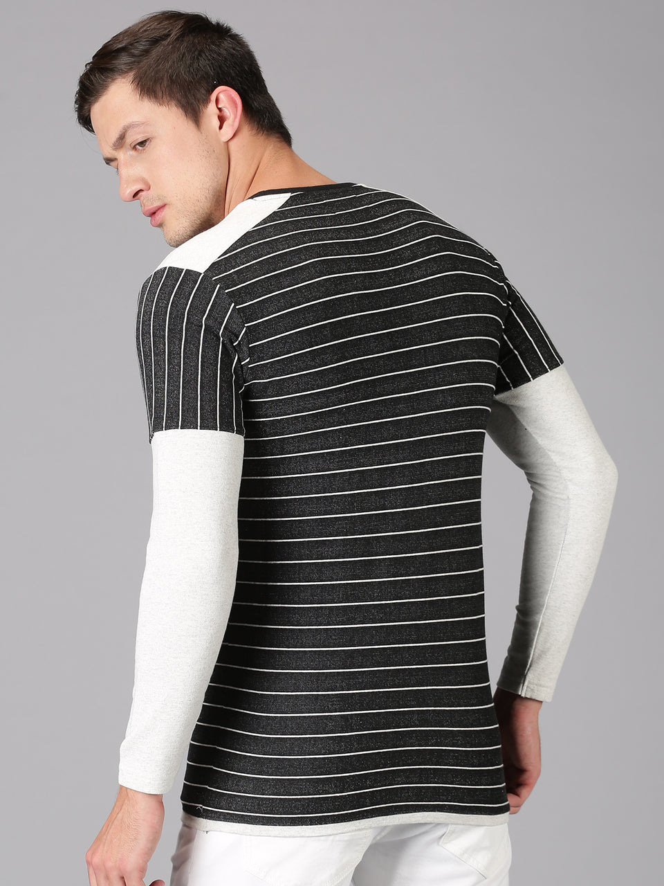 Men Black Grey Striped Round Neck Recycled Cotton Long Sleeve Regular Fit Casual T-Shirt
