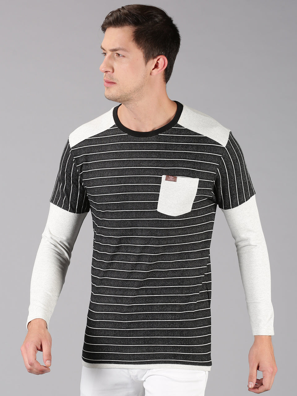 Men Black Grey Striped Round Neck Recycled Cotton Long Sleeve Regular Fit Casual T-Shirt