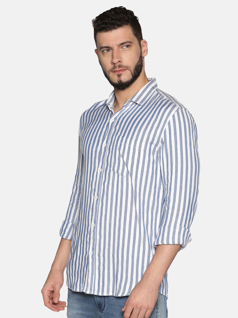 Men white & blue cotton slim fit striped shirt